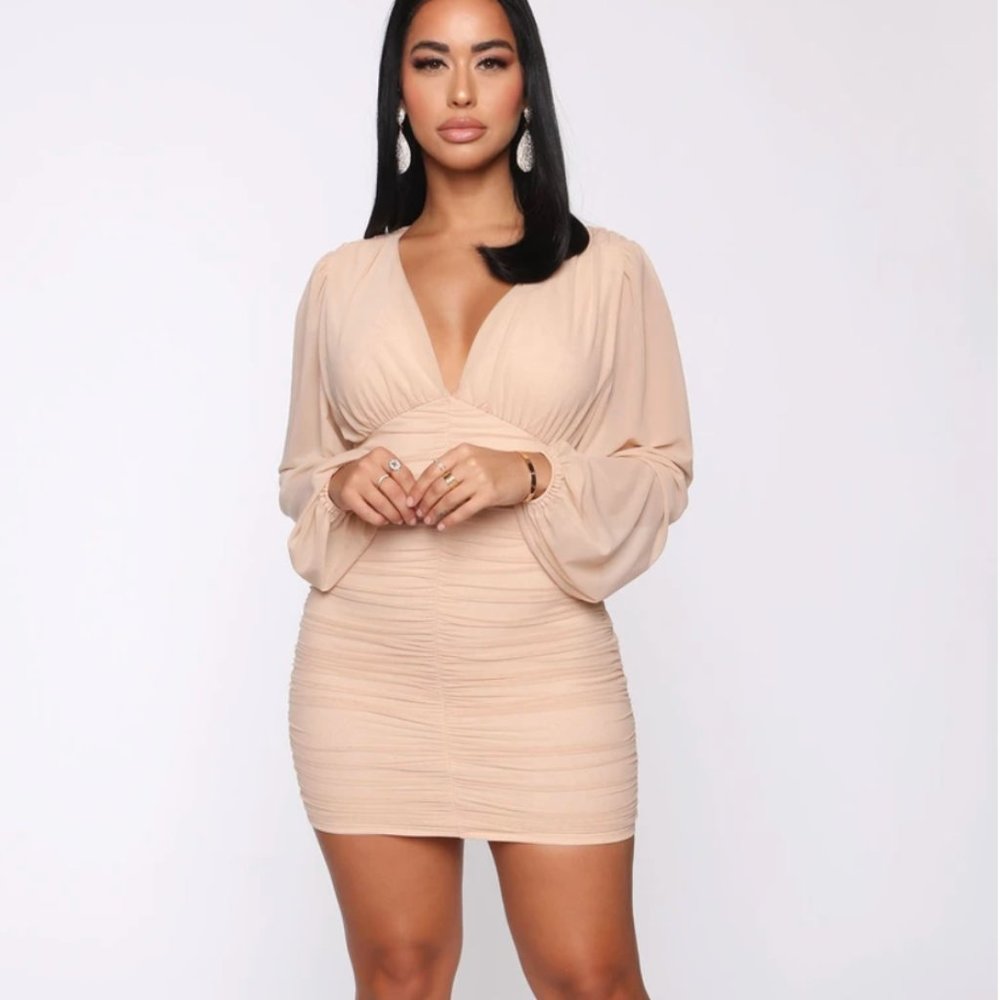 Fashion Nova Nude Ruched Mini Dress